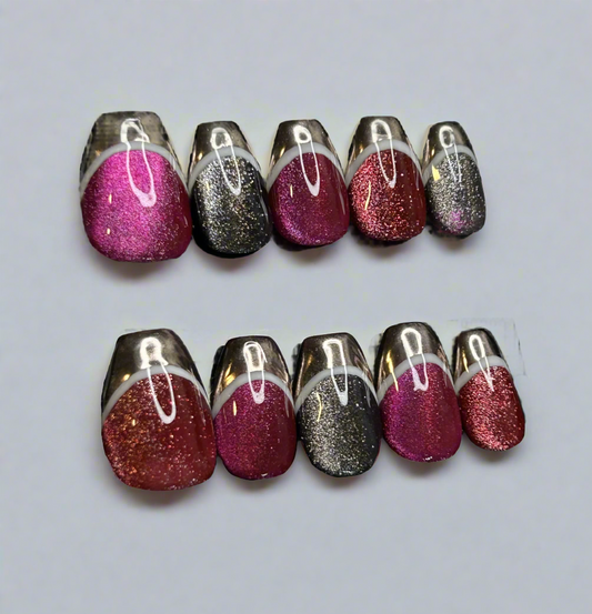set of 10 press on nails with cat eye polish and chrome french tips