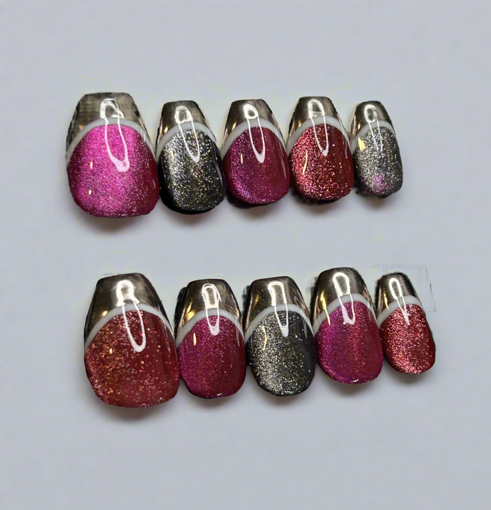 set of 10 press on nails with cat eye polish and chrome french tips