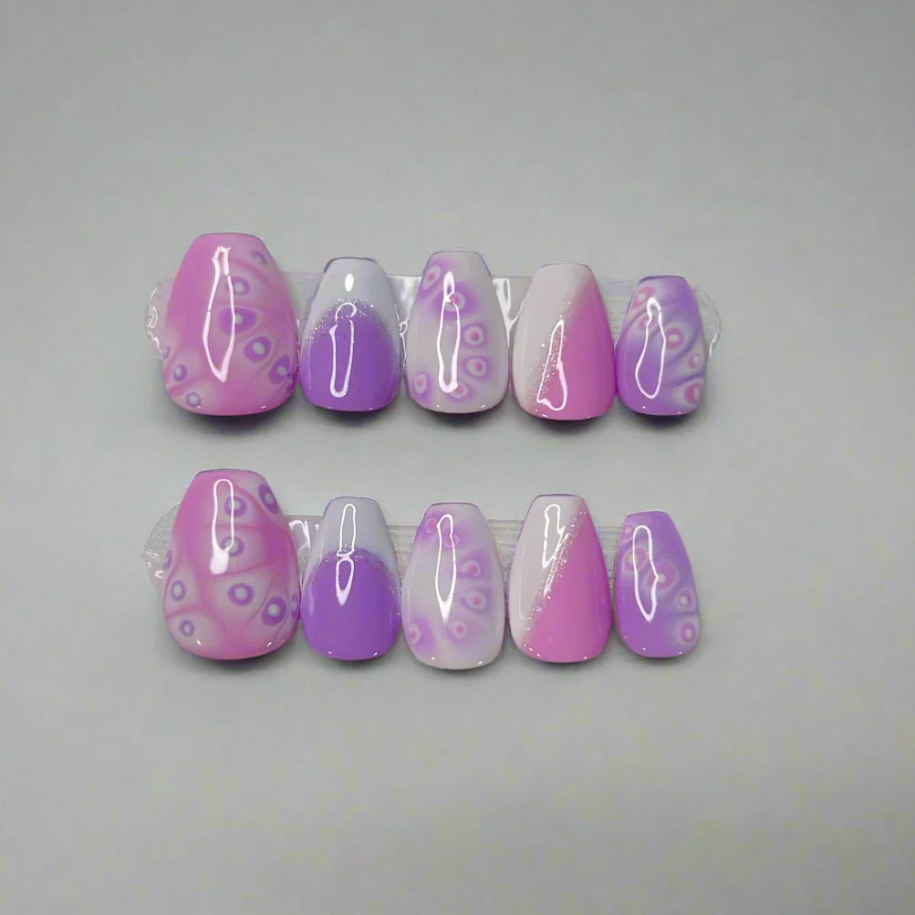 set of 10 press on nails pastel purple and pink with white and blooming designs