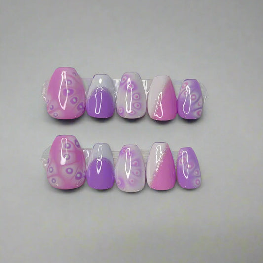set of 10 press on nails pastel purple and pink with white and blooming designs