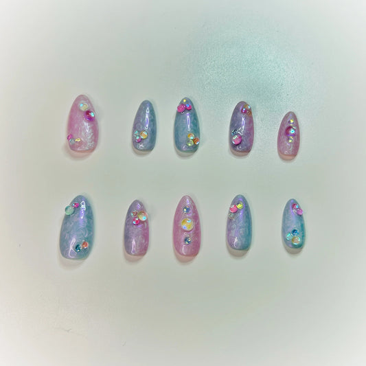 set of 10 press on nails shimmery purple and pink polish and 3D bubble charms