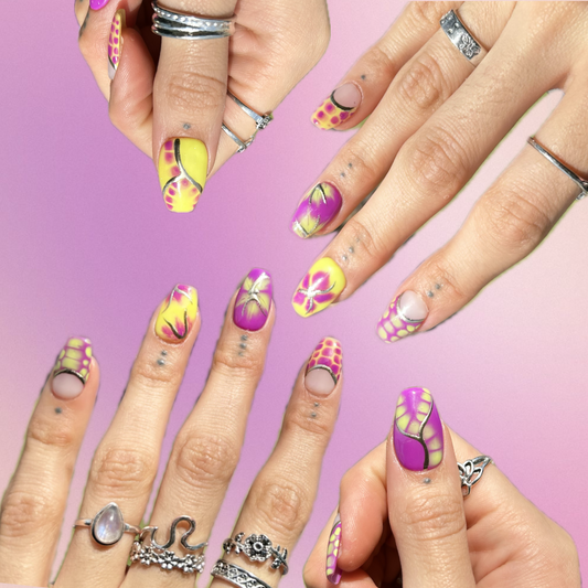 collage of hands showing a set of press on nails yellow and purple with gold accents