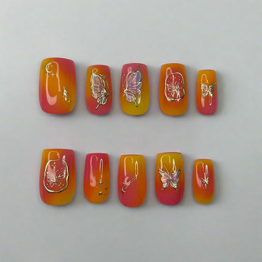 set of 10 press of nails pink, yellow, orange gradient and butterfly sticker